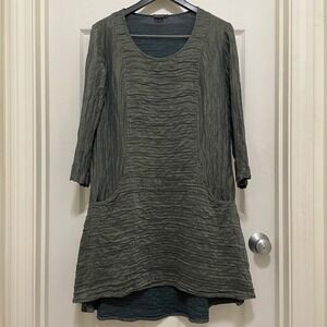 Grizas Crinkle Linen Silk Blend Tunic Dress Pockets Lagenlook Artsy Minimalist M